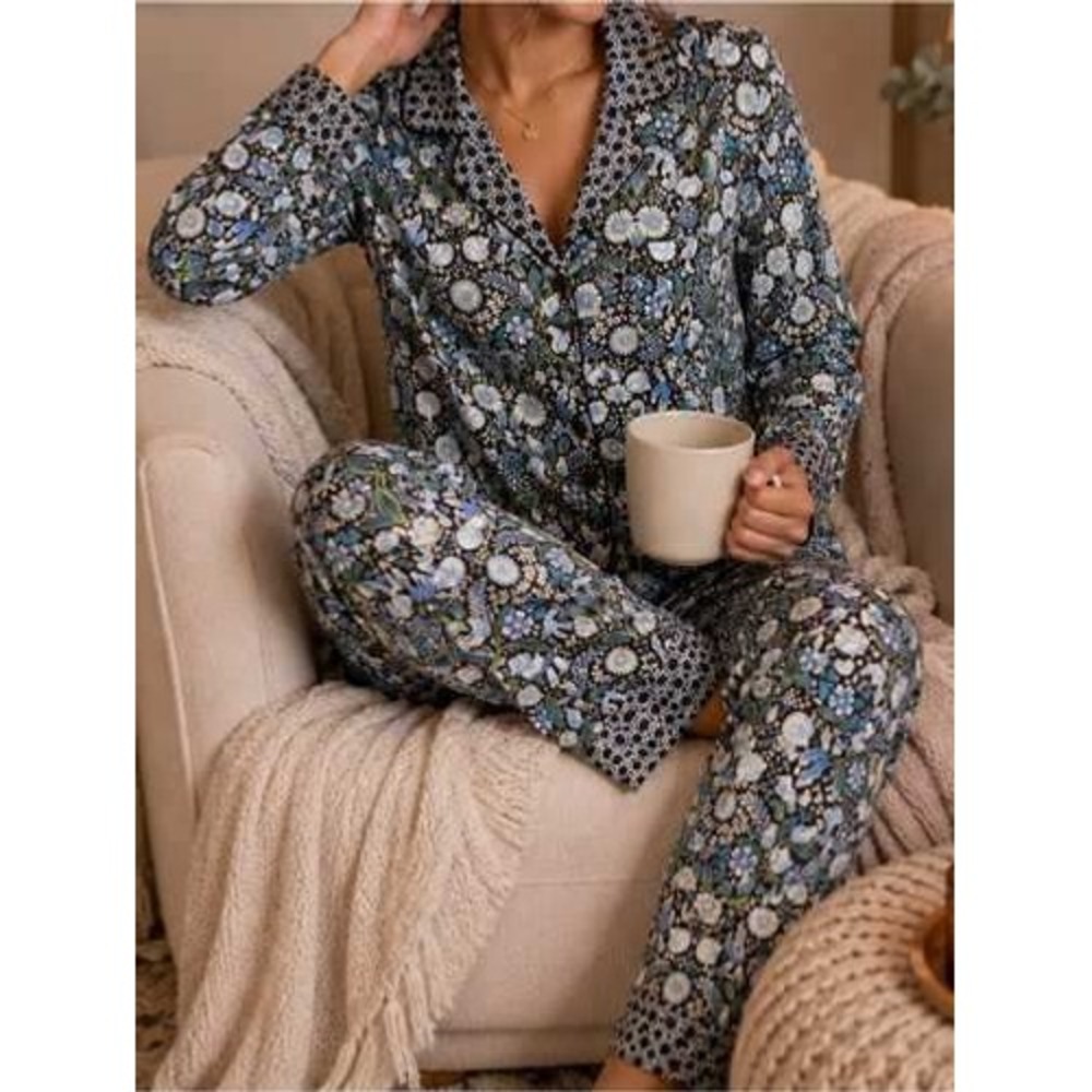 Vera Bradley Pajama Set Women XL Blue Floral Cotton Button Down Pants Set